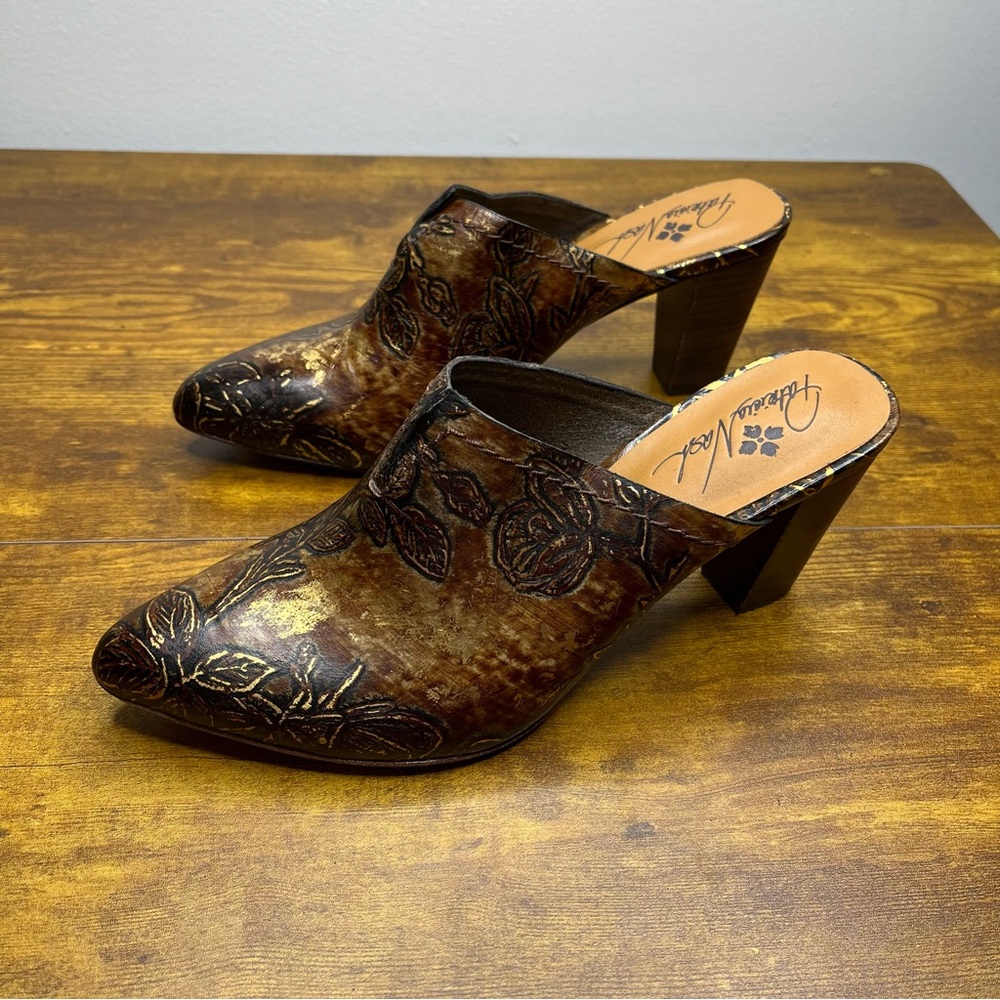 Patricia Nash Ruffina Brown Embossed Leather Mules